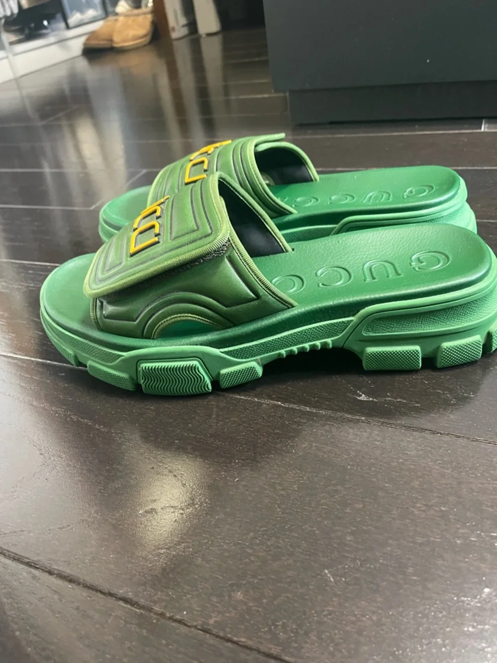 Gucci Green Slide Sandals with Yellow Logo Accent - Picture 7 of 10
